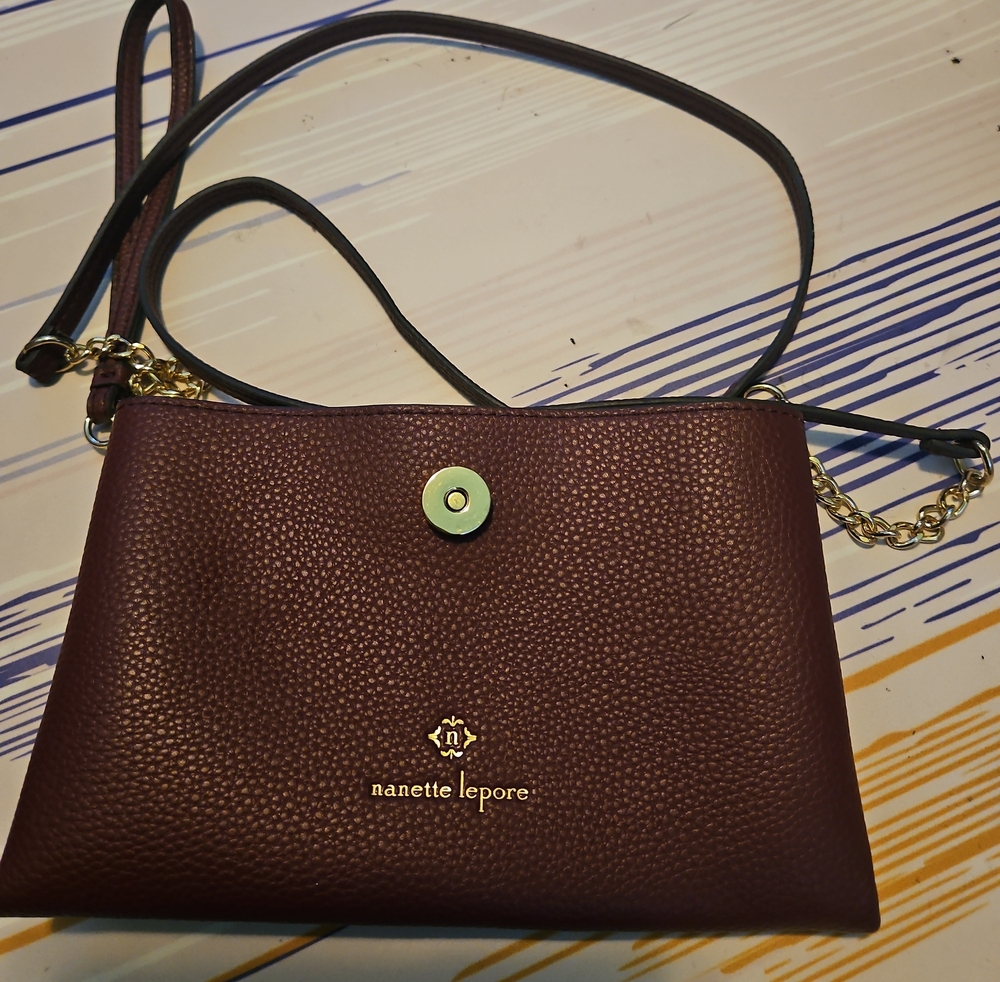 Nanette Lepore Pebbled Leather Crossbody in Burgundy with Gold Hardware